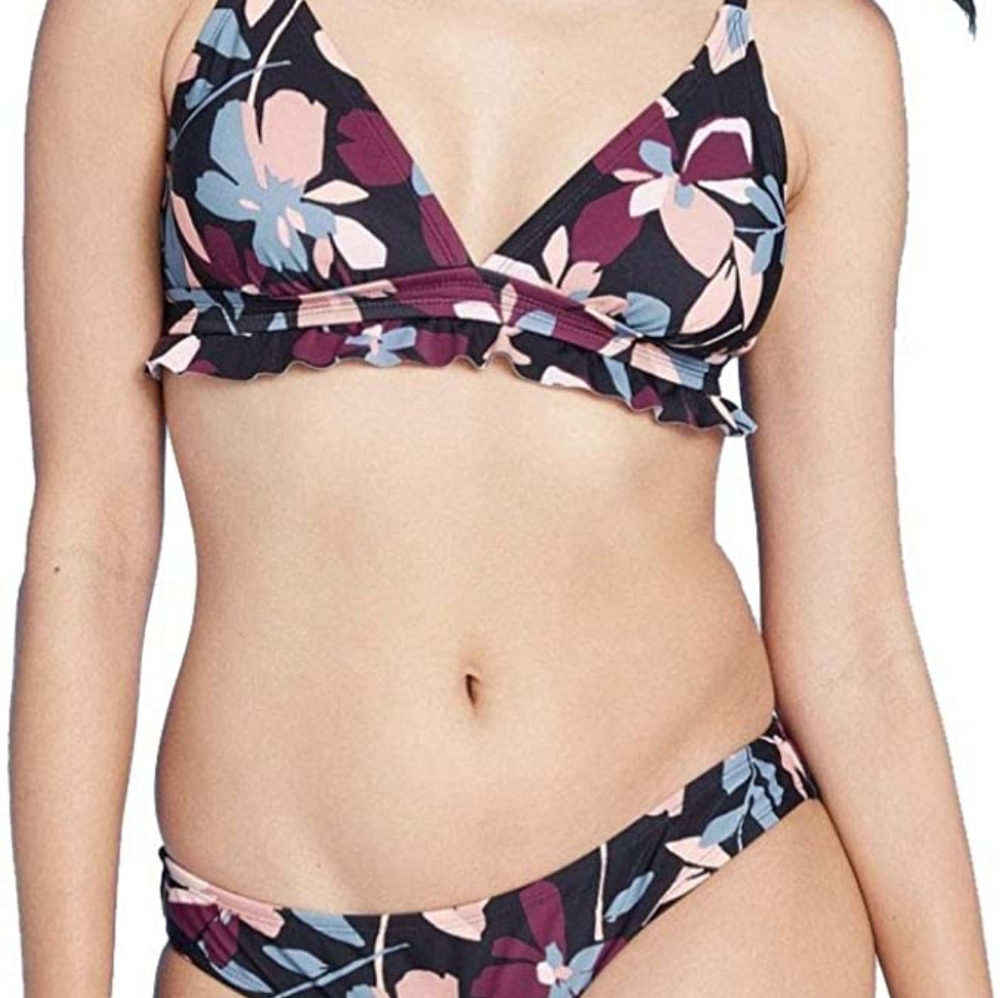 Kona Sol Dark Floral Print Ruffle Bikini Set
